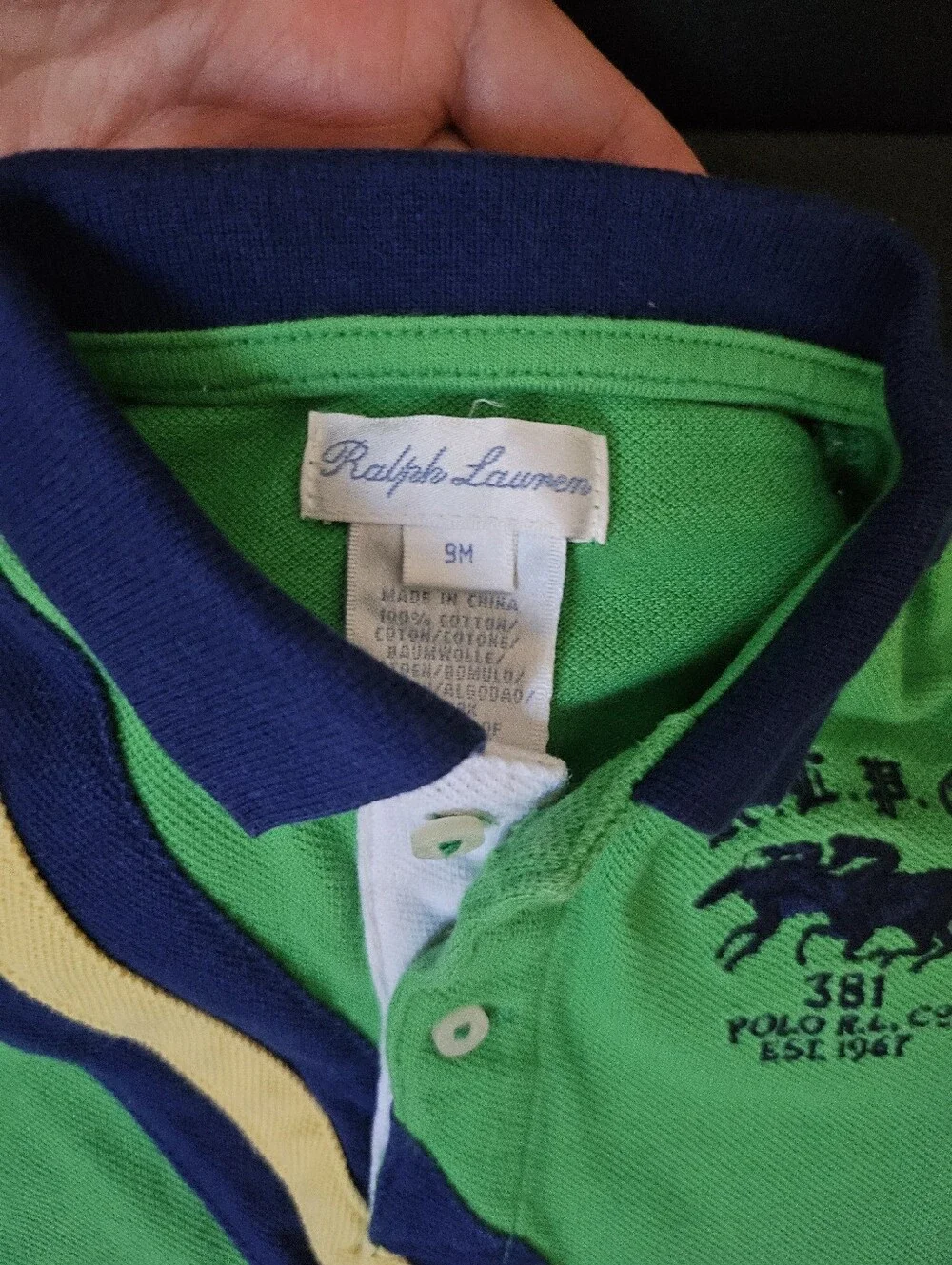 Ralph Lauren Green Baby Polo Romper with Navy Collar and Yellow Stripe